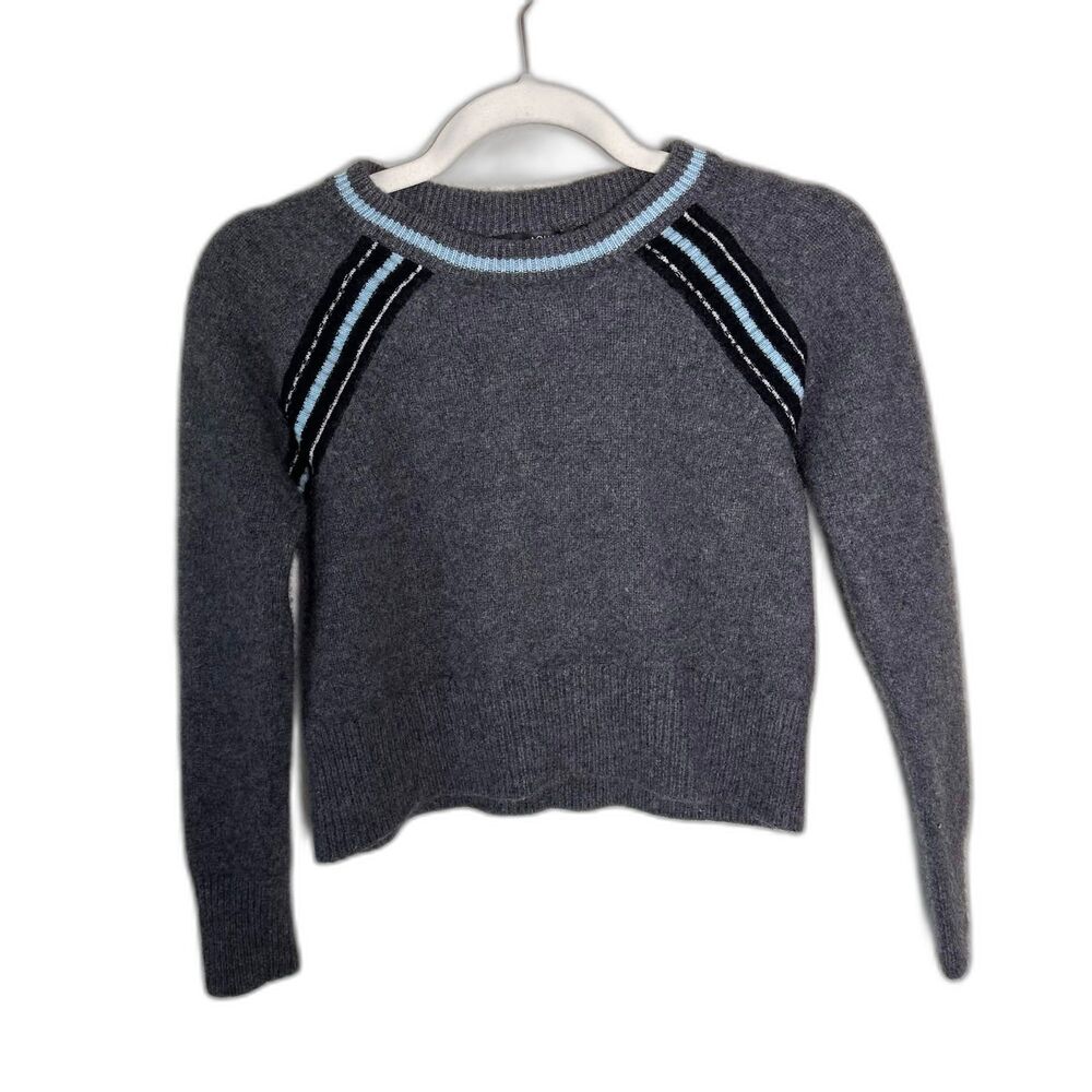 AQUA 100% Cashmere Crop Sweater XS Gray Blue Striped Raglan Sleeve Crewneck